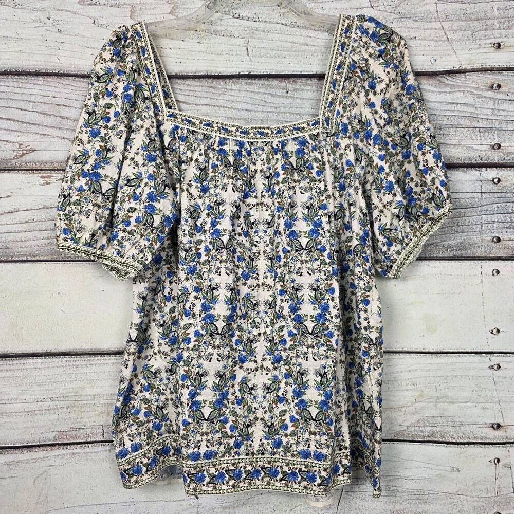 Max Studio Cream Floral Square-Neck Puff Sleeve Blouse with Blue and Green Print